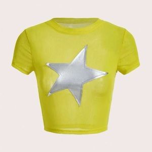 Star Print Crop Mesh Top